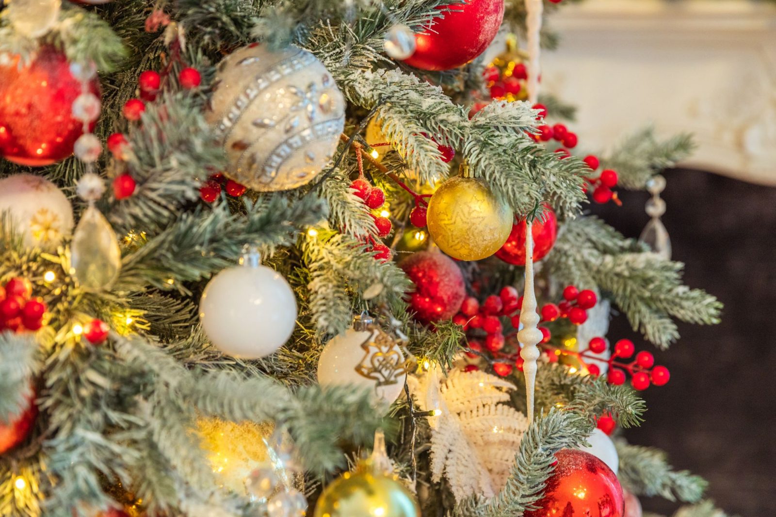 Decorated artificial flocked Christmas tree