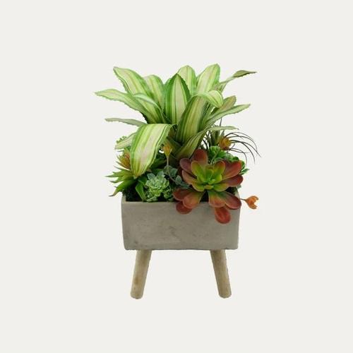 Artificial Assorted Succulent Arrangement with Aeonium - Variegated green - Grey Pot by masons home decor singapore
