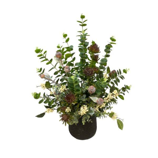 Artificial Foliage Arrangement with Protea and Poppy Seed Spray - Black Pot by masons home decor singapore