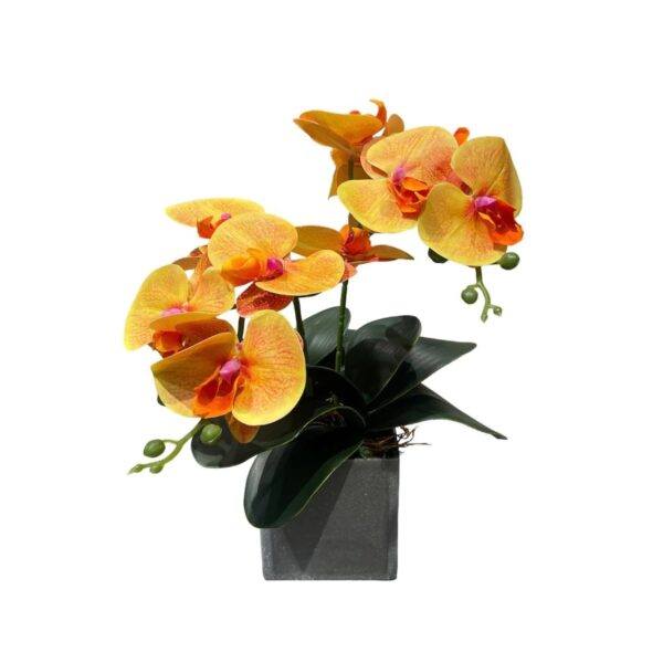 Artificial Mini Double-Stalk Phalaenopsis Orchid Arrangement- 0.4m - Pot Grey - Orange