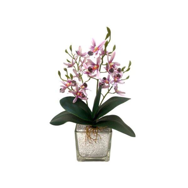 Artificial Mini Orchid Arrangement - Pink - Square Vase with White Stones by masons home decor singapore
