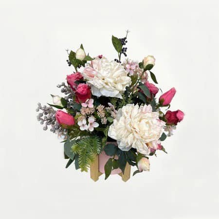 Artificial Cream Peony and Roses in Round Ceramic Pot with Wooden Stand - Pink Pot by masons home decor singapore