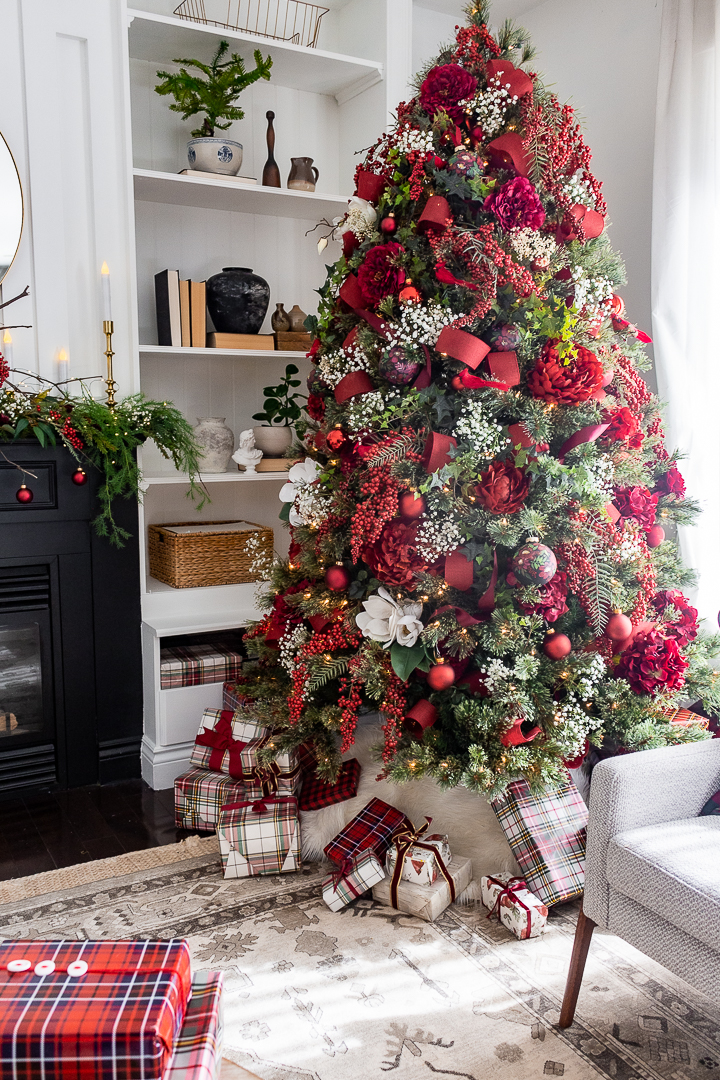 Maximalist red flower Christmas tree