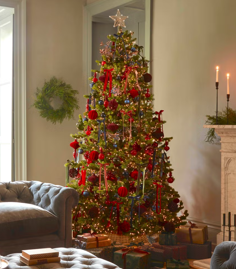 Red velvet Christmas tree with ribbons