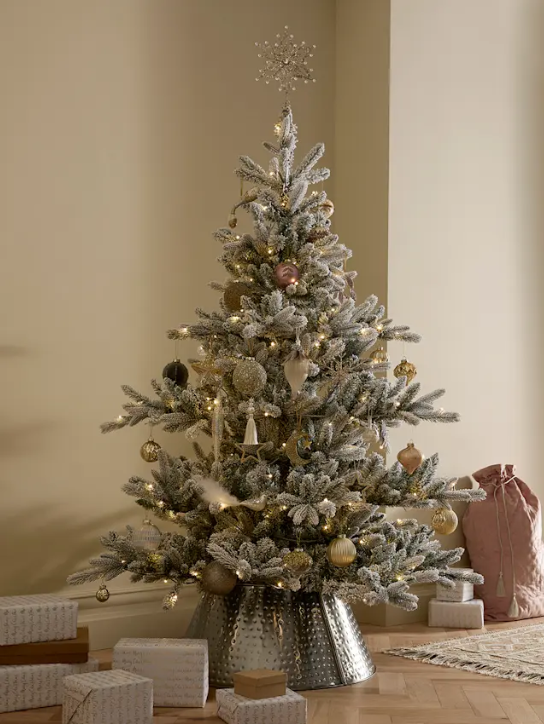 Rustic flocked Christmas tree decor