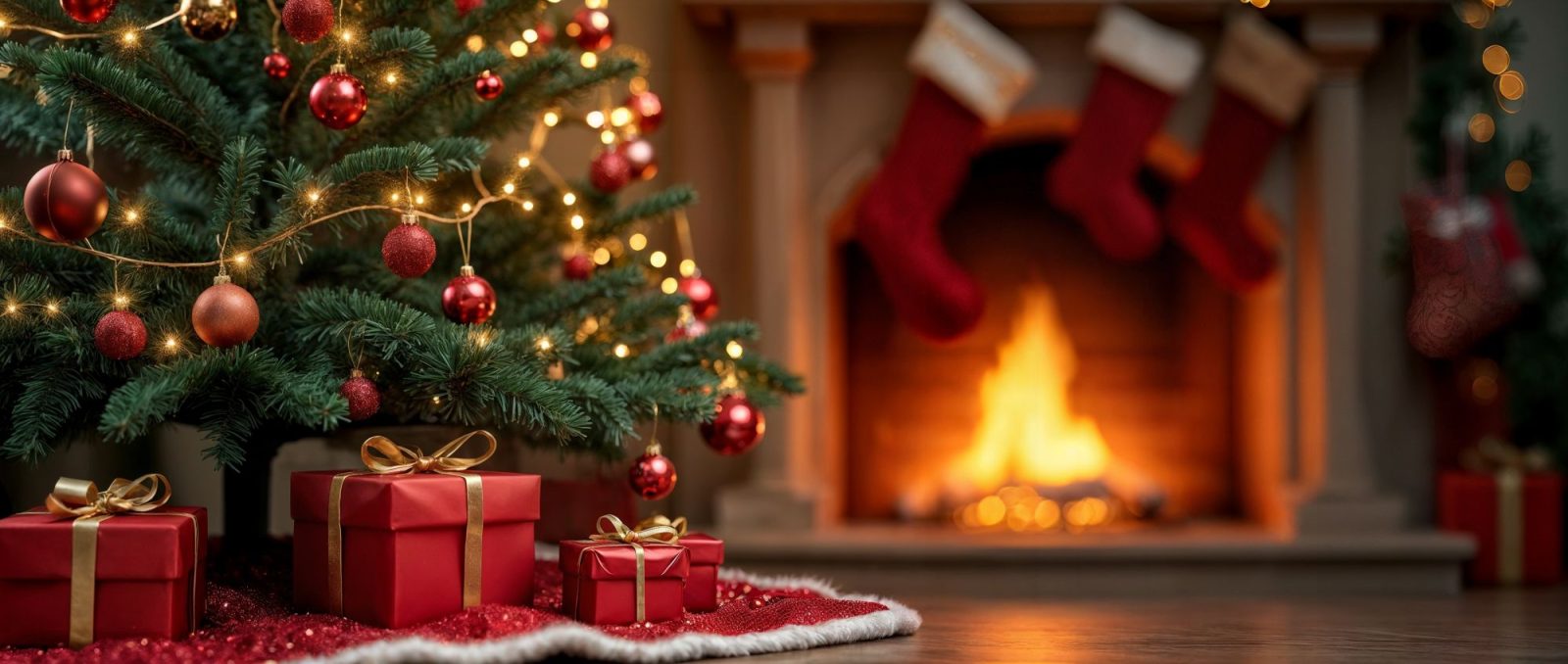 Christmas tree with gifts and fireplace with stockings
