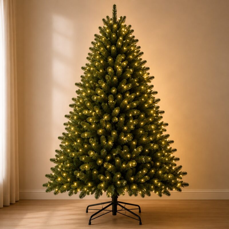 Christmas tree illuminated with warm white lights in a neutral room
